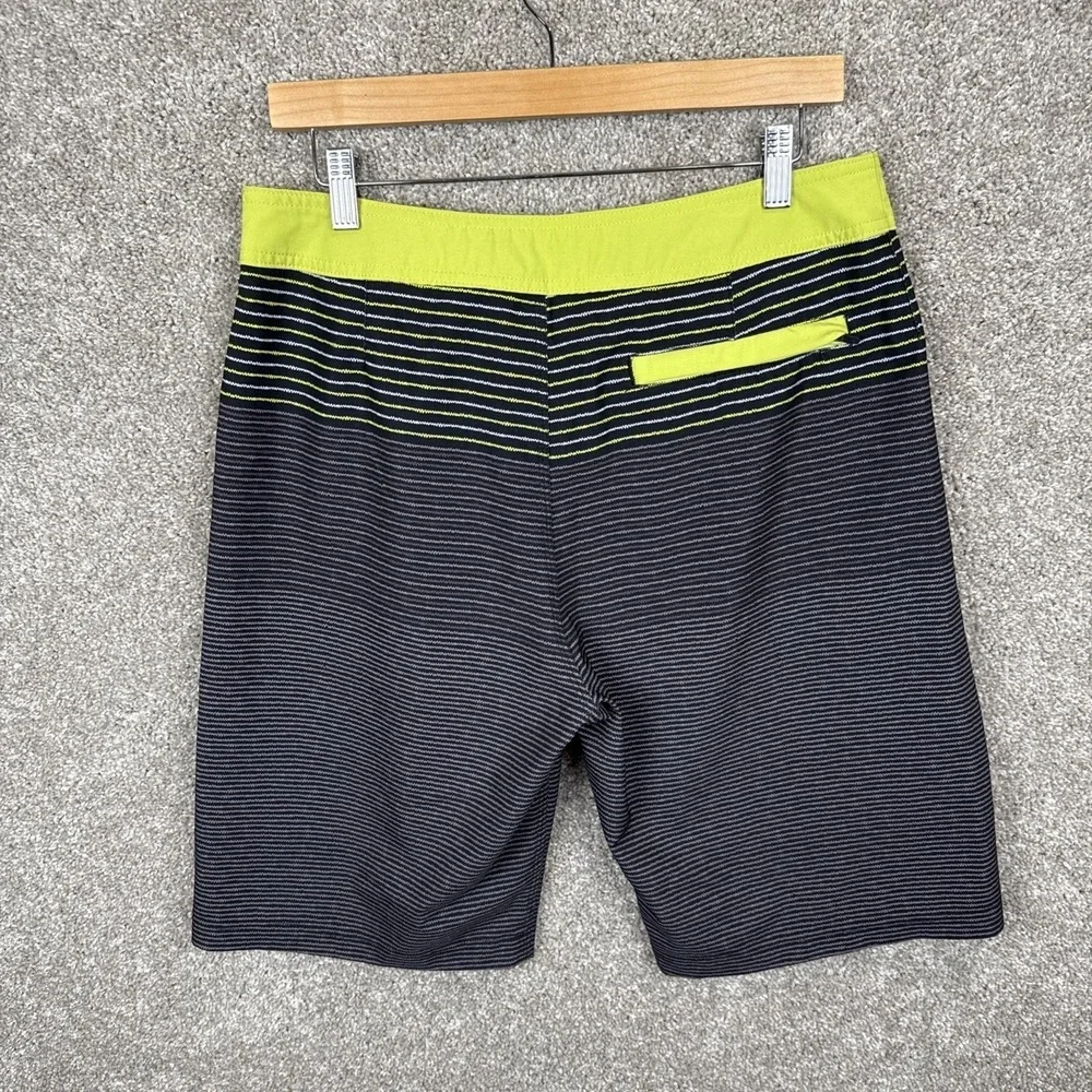 Prana Mens Board Shorts Size 32 Grey Lime Green Striped UPF 50+ Swim Trunks